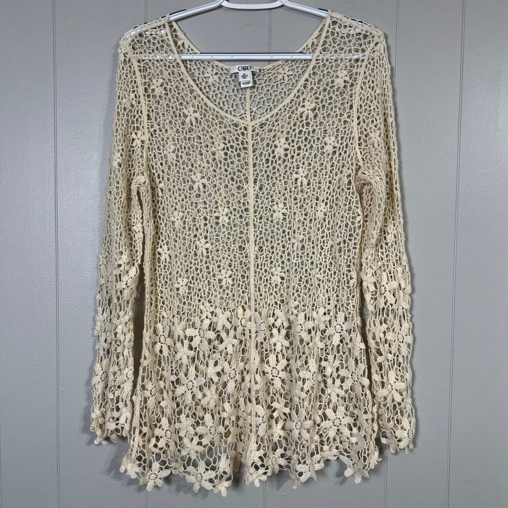 Cato Crochet Tunic Top Women XL Cream Cotton Open Knit Coverup